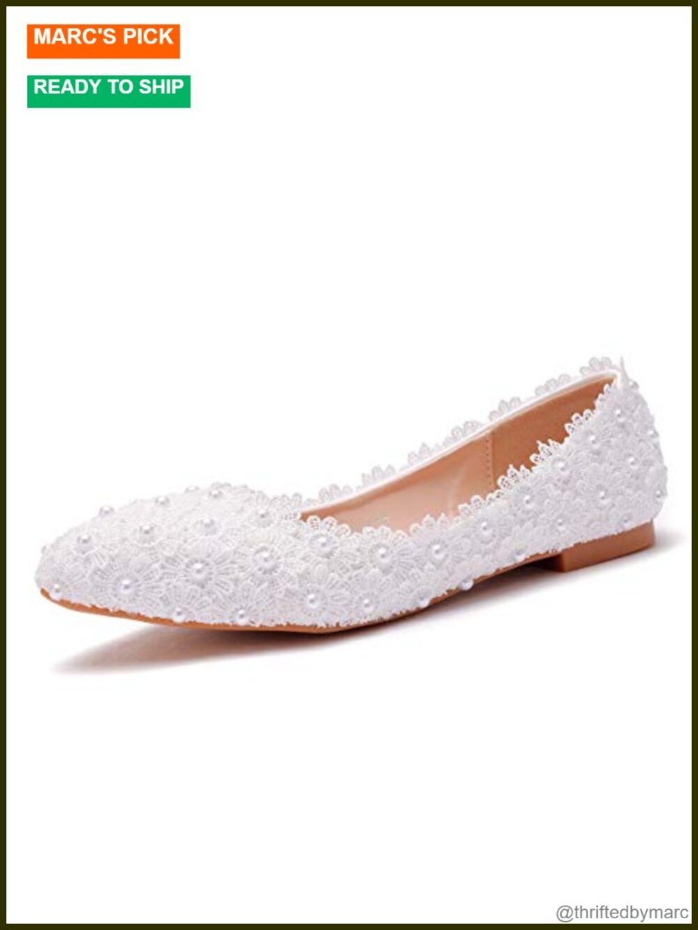 Handmade White Lace Bridal Ballet Flats Pointed Toe Wedding Shoes
